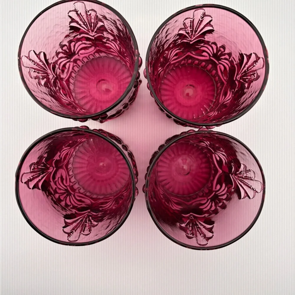 Set Of 4 Adams Cranberry By Pilgrim Glass 12 Ounce Flat Tumblers-(Set #1)